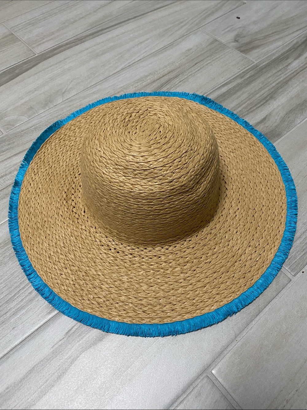 INC International Concepts Natural Straw Sun Hat with Turquoise Trim